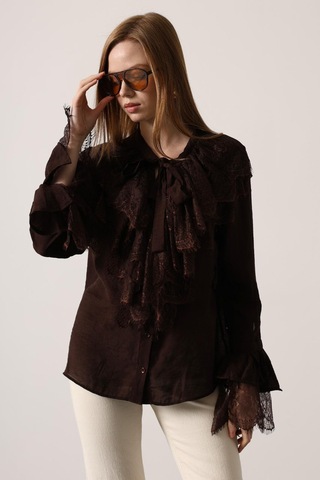 Ckm Moda Elise Romantik Dantel Detaylı Bluz Kahve