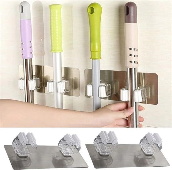 Pratik Organizer 4lü Yapışkanlı Fırça Paspas Mop Fırça Sabitleyici Ergonomik Alet Aparatı Çok Renkli