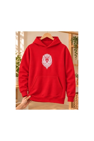 Mor Mürekkep Ornamental Aslan Başı Baskılı Kapüşonlu Sweatshirt - Kırmızı