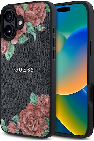 Apple Uyumlu iPhone 16 Kılıf Guess Lisanslı Magsafe Şarj Özellikli Gül Baskılı 4g Desenli Yazı Logolu Kapak Siyah