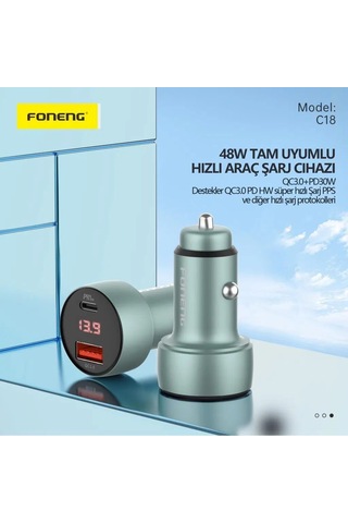 Foneng C18 48w Type-c + Usb Led Gösterge Araç İçi Şarj Adaptörü -