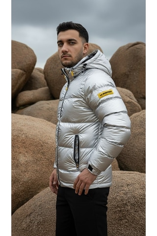 Erkek Gümüş Renk Kapüşonlu Şişme Mont Su Geçirmez Parlak Kaban Gümüş