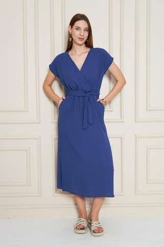 Kadın Kruvaze Yaka Cepli Derin Yırtmaçlı Beli Lastikli Aerobin Günlük Yazlık Elbise 3764341 İndigo