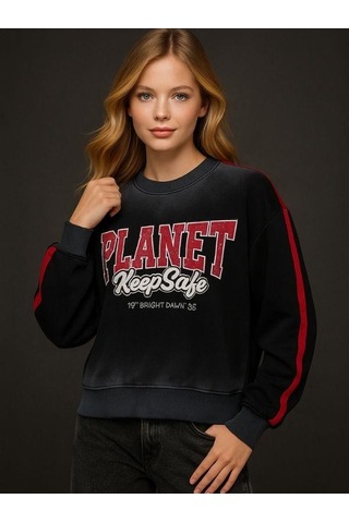 Kız Çocuk Planet Keep Safe Baskılı Oversize Tasarım Sweatshirt-16159 Siyah