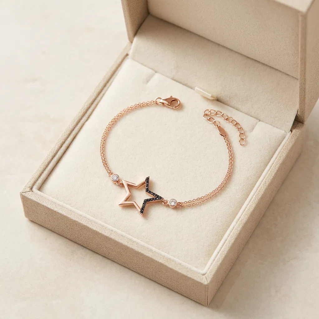925 Ayar Gümüş Siyah Taş Detaylı Yıldız Figürlü Rose Gold Kadın Bileklik