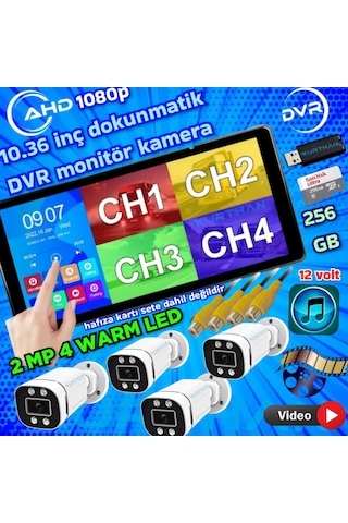 4 Adet Ahd 2mp Warm Ledli Kamera Dvr Dokunmatik 10.36 İnç Monitör 12 Volt 256 Gb