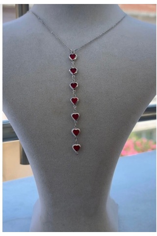 Kadın Gümüş Renk Kalpli Özel Tasarım Y Model Kolye 45 Cm Kırmızı