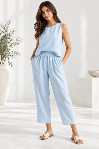 Mevese Beli Lastikli Modal Pantolon & Kalın Askılı Bluz Takımı - Bebe Mavi Bebe Mavisi