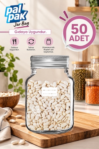 Büyük Boy Gümüş Metal Kapaklı Kavanoz Görünümlü Saklama Poşeti 17x27 Cm-1000 Ml 50 Adet Şeffaf
