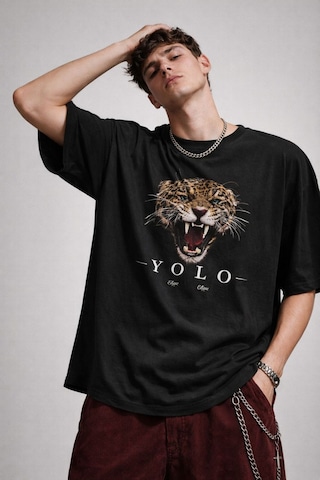 Yolo Street Oversize Siyah Tişört Ön Baskılı Leopar Yolo Tasarım %100 Pamuk Unisex Streetwear Siyah
