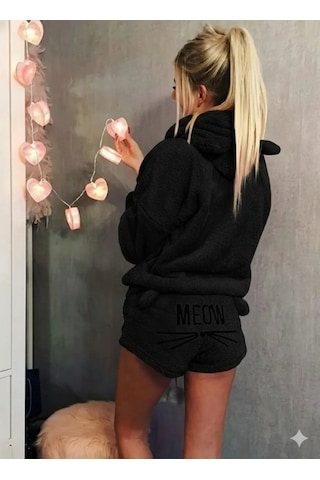 Etiler Collection Kadın Uzun Kollu Kapşonlu Peluş Bluz Ve Kısa Short Ikili Takım Siyah