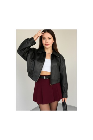 Blanco Kadın Yeni Sezon Siyah Oversize Biker Crop Bomber Deri Ceket Siyah Siyah