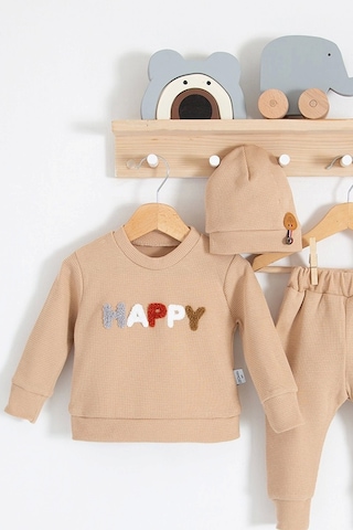 Happy Nakışlı Pamuklu Erkek Bebek Takım 2'li - Kahverengi