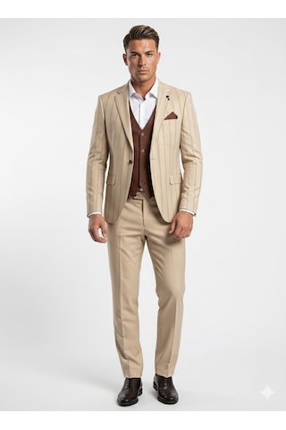 Erkek Çizgili Takım Elbise 3 Lü Set Ceket + Yelek + Pantolon Slim Fit İtalyan Tarz Açık Bej