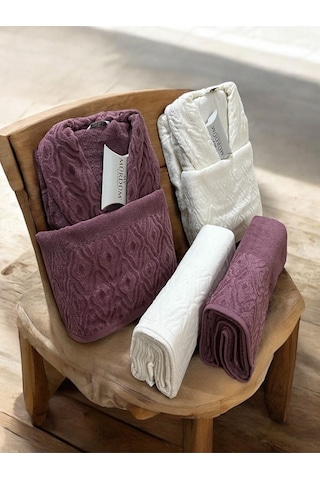 Banyo Çeyiz Seti, %100 Pamuk Bornoz Takımı, 8 Parça Aile Bornoz Seti, Havlu & Havlu Seti Mor-krem Mor