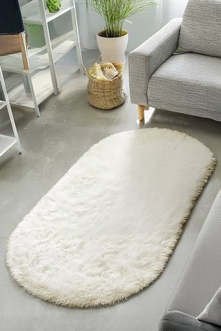 Krem Oval Post Halı Peluş Yumuşak Kaymaz Dot Taban Makinada Yıkanabilir Yolluk Krem