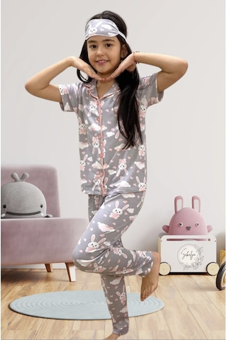 Kız Çocuk Bulut Tavşan Baskılı Kısa Kollu Pijama Takımı Göz Bandı Dahildir 3 Parça Gri Bulut Gri