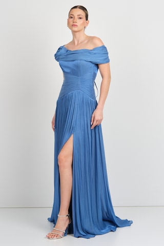 Mor Sposa Kadın Tek Kol Detaylı Derin Yırtmaçlı Şifon Abiye Elbise W0182 Indigo İndigo