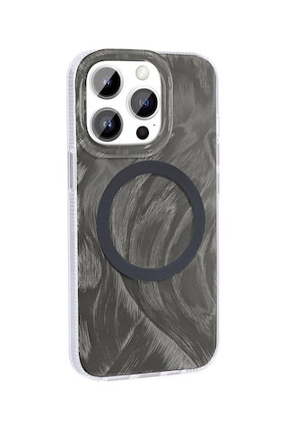Apple iPhone Uyumlu 14 Pro Kılıf Magsafe Şarj Özellikli Fırça Boya Desenli Palet Kapak - Gri Gri