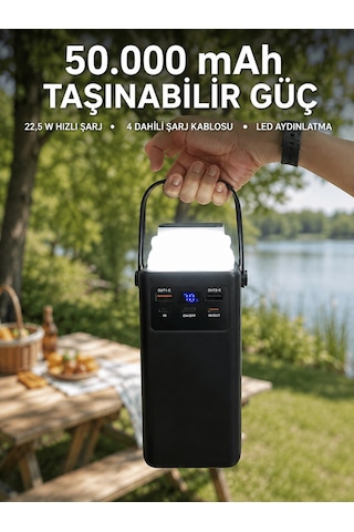 Led Aydınlatmalı Powerbank 50.000 Mah 22,5 W Hızlı Şarj 4 Dahili Kablolu Dijital Pil Göstergeli Batarya Aklby-bsva Standart