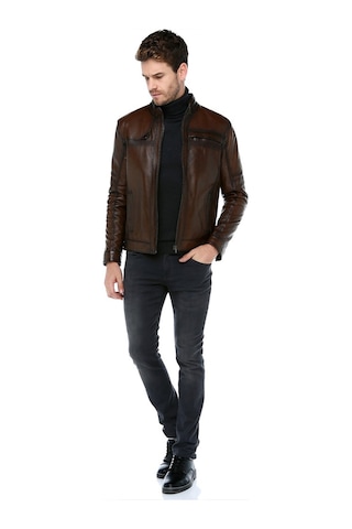 Dericlub Arthur Erkek Dik Yaka Slim Fit Gerçek Deri Mont Camel Antik