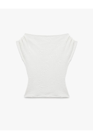 Koton Aksesuarlı Slim Fit Pamuklu Kayık Yaka Kolsuz Floral Dokulu Asimetrik Bluz Ekru 7wak50123ek