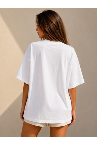 Montree Kedi Guests Baskılı Oversize %100 Pamuk Premium T-shirt Beyaz