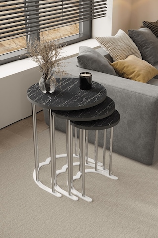 3' Lü Zigon Sehpa Gümüş Ayak Siyah Mermer 18 Mm Mdf Gümüş - Beyaz Mermer