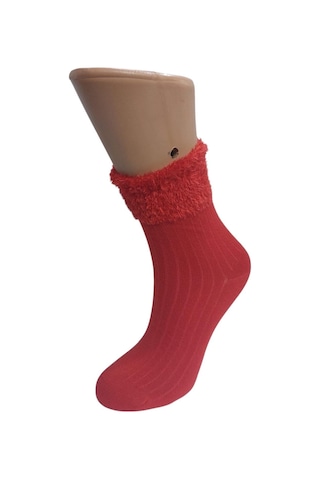 Kırmızı Püsküllü Kadın Pamuklu Soket Çorap Kırmızı
