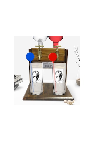 Kişiye Özel Renkli Baskılı Atatürk Temalı İkili Vodka Bardağı Ve Çift Musluklu Doğal Ahşap Vodka Standı-18
