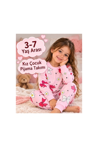 Üç Gül Ticaret Kız Çocuk 3-7 Yaş Fiyonklu Çiçek Desenli Pijama Takımı Pamuklu Şardonlu Pembe