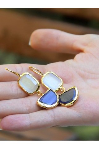 İkili Model Kedigözü Cam Sallantılı Kadın Küpe Euku26l Lacivert