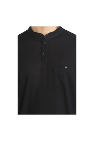 Büyük Beden Şile Bezi Uzun Kol Hakim Yaka Erkek Tshirt Siyah 3003