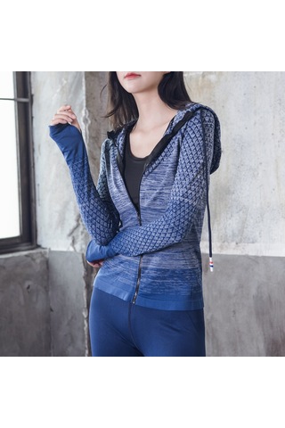 Moveevo Kadın Spor Ceket, Hoodlu, Zip Kapaklı, Parmak Delikli, Dokuma Desenli, Işık Ve Nefes Alabilir, Koşu-yoga İçin Slim Fit Mavi Asya Beden M