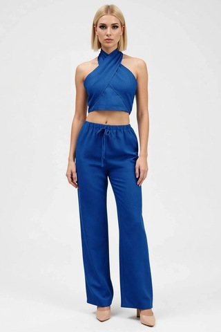 Benerly Kadın Alt Üst Keten Görünümlü Dokuma Crop Bluz Geniş Paça Pantolo Indigo