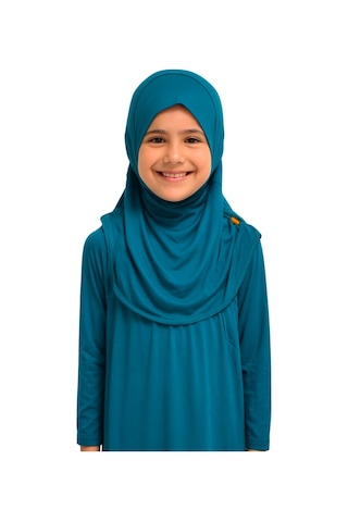 Penye Kendinden Başörtülü Çocuk Namaz Elbisesi Petrol Mavisi/ 6-7-8 Yaş Petrol