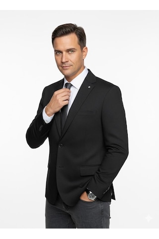 Plus Scorpion Erkek Bej Slim Fit Blazer Ceket Çizgili Dokulu Kumaş Çift Düğmeli Siyah