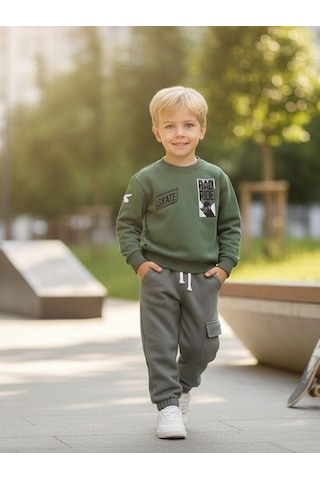 Zekids Erkek Çocuk Şardonlu Baskılı Eşofman Takım-16398 Yeşil