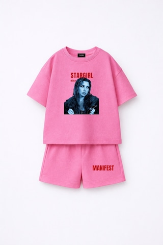 Fasardi Manifest Girls Mina Baskılı Oversize %100 Pamuk Tişört Şort 2li Çocuk Takım Pembe