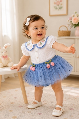Cantoy Kız Bebek Lale Nakışlı Müslin Bluz Ve Puantiyeli Tütülü Etek Takımı Mavi