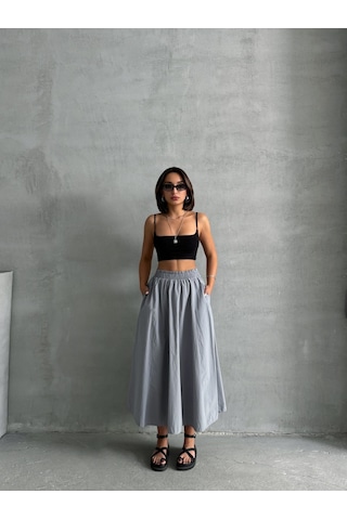 Kadın Beli Lastikli Dokuma Kloş Etek Gri