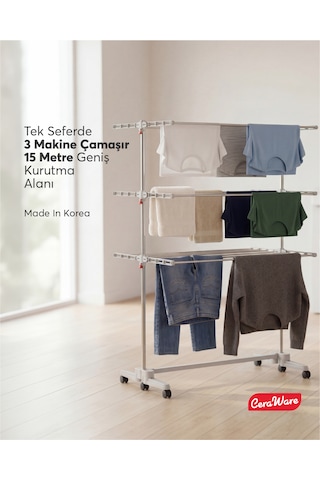 Home Lite Premium 3 Katlı Çamaşırlık Made in Korea Tekerlekli Çamaşır Kurutmalık Eco Gri