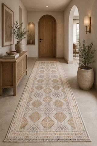 Kilim Desenli Etnik Geometrik Saçaklı Halı Krem Bej 3048