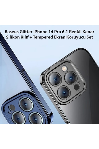 Baseus Glitter Apple iPhone Uyumlu 14 Pro 6.1 Renkli Kenar Silikon Kılıf + Tempered Ekran Koruyucu Set- 5775 95962659