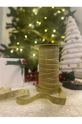 Yılbaşı Gold Simli Kadife Şerit Noel Çam Ağaç Süsü 5 Mt