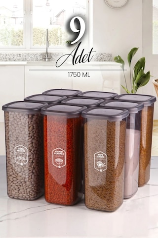 Kitchen Life 9'lu Jumbo Boy Etiketli Square Kare Erzak Saklama Kabı Seti 1750 ML - Sert Kapak Büyük Kavanoz Antrasit - Siyah