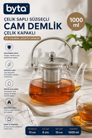 Çelik Saplı Süzgeçli Cam Demlik 1000 Ml Cam Çelik Kapaklı Çay Demliği Diğer