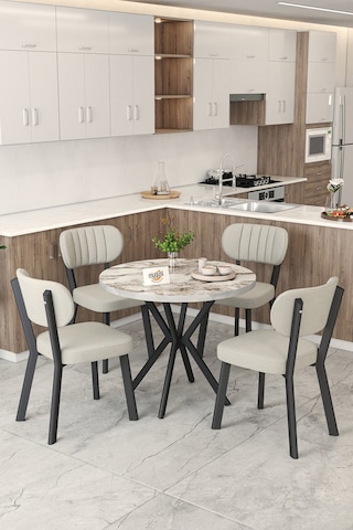 Gnr 90cm Sabit Efes Mutfak Masası Takımı, Yemek Masası, 4 Modern Krem Sandalye Krem