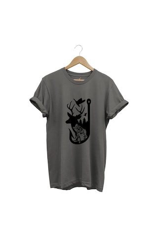 Avcılık Hunter Outdoor Geyik Balık Çulluk Baskılı %100 Pamuk Regular Fit Gri T-shirt Antrasit
