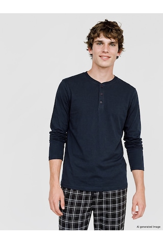 LC Waikiki Lc Waıkıkı Lacivert Henley Yaka Uzun Kollu Erkek Pijama Üst